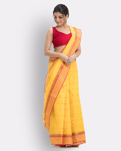 Women's Self Design Tant Cotton Saree (Yellow)