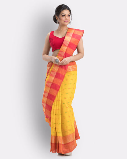 Women's Self Design Tant Cotton Saree (Yellow)