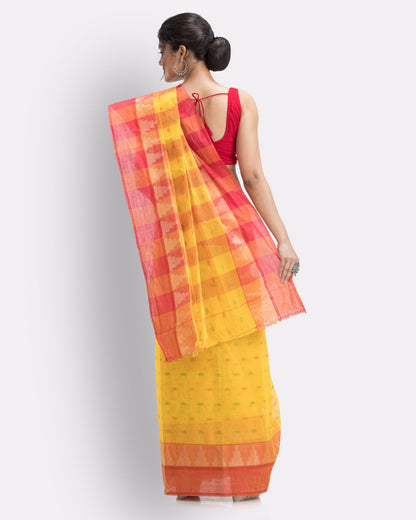 Women's Self Design Tant Cotton Saree (Yellow)
