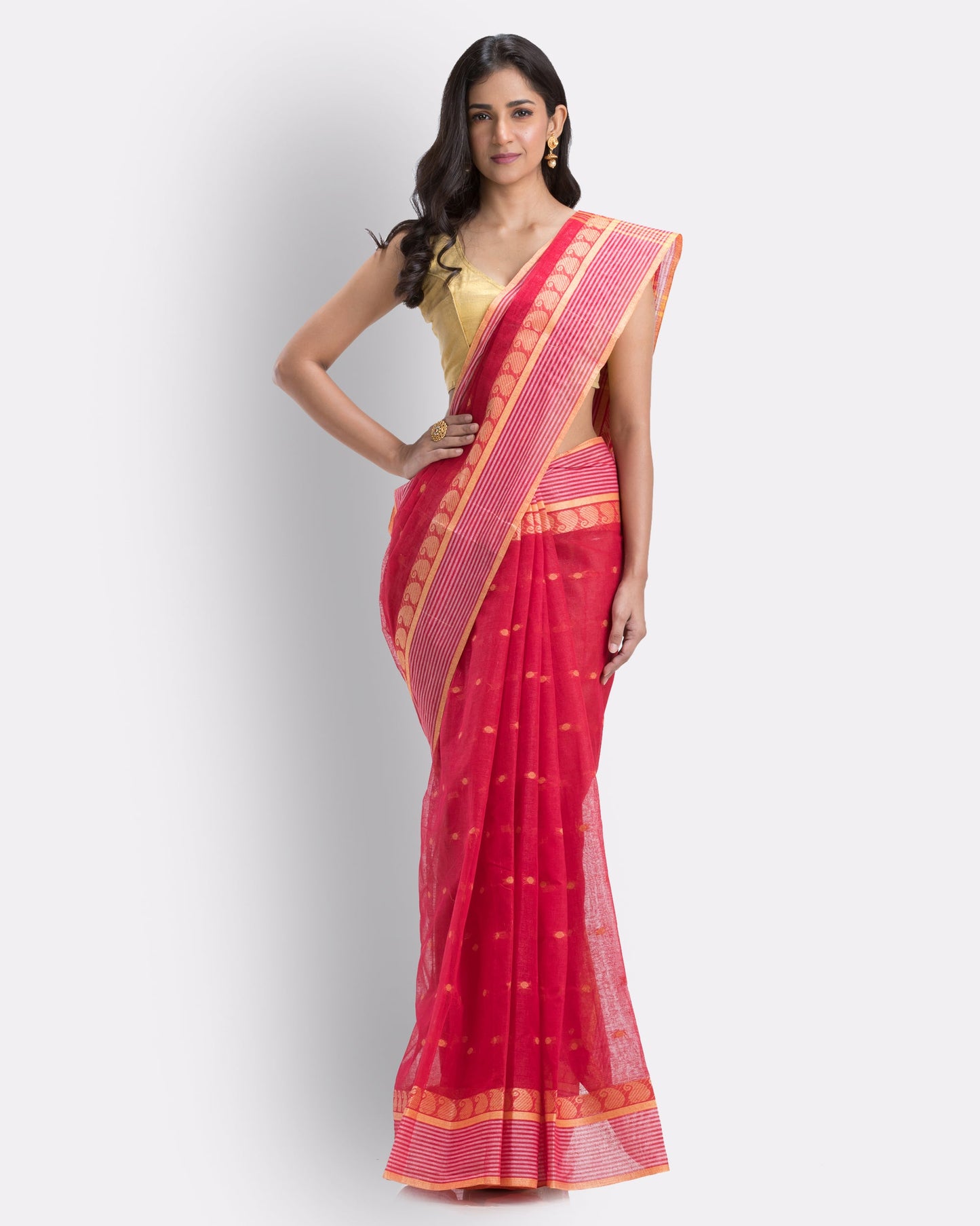 Women's Self Design Tant Cotton Saree (Red)