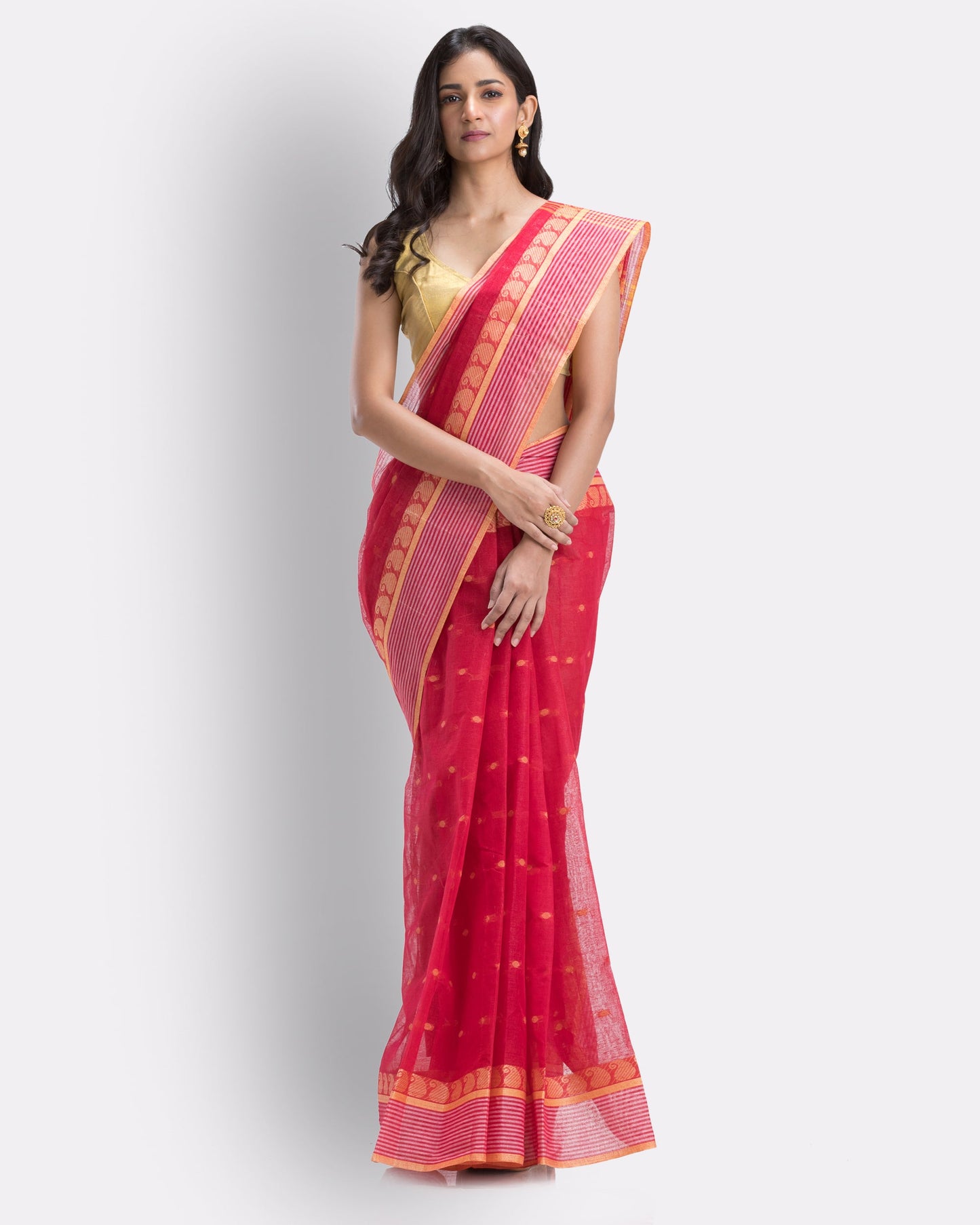 Women's Self Design Tant Cotton Saree (Red)
