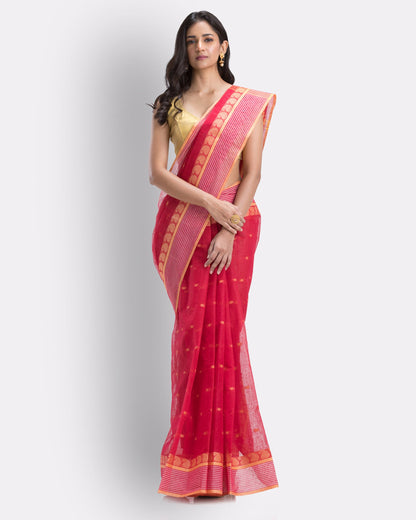 Women's Self Design Tant Cotton Saree (Red)