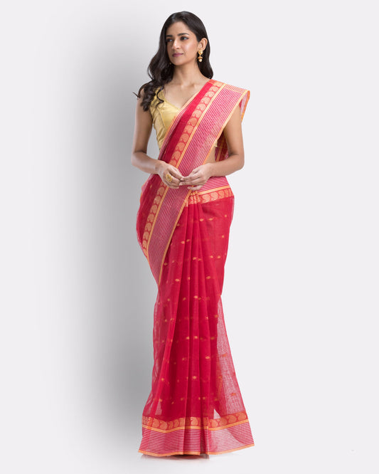 Women's Self Design Tant Cotton Saree (Red)