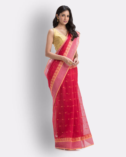 Women's Self Design Tant Cotton Saree (Red)