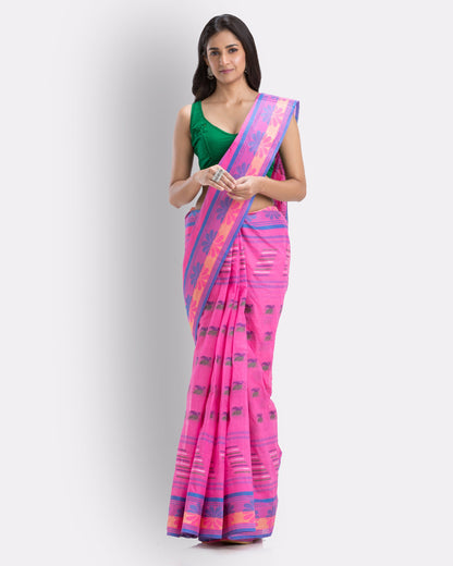 Women's Handwoven, Self Design Tant Cotton Saree (Pink)
