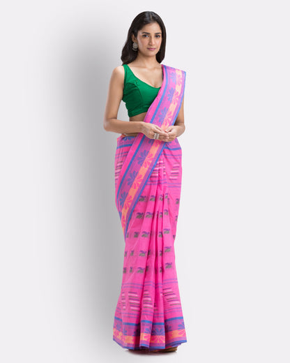 Women's Handwoven, Self Design Tant Cotton Saree (Pink)