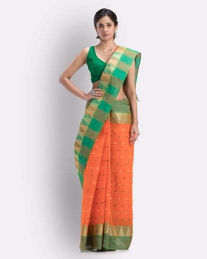 Women's Self Temple Design Tant Cotton Saree (Orange)