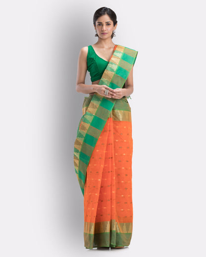 Women's Self Temple Design Tant Cotton Saree (Orange)