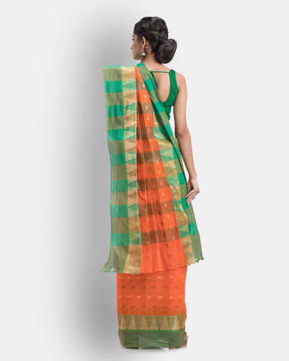 Women's Self Temple Design Tant Cotton Saree (Orange)