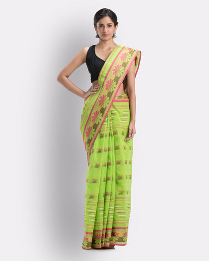 Women's Handwoven, Self Design Tant Cotton Saree (Green)