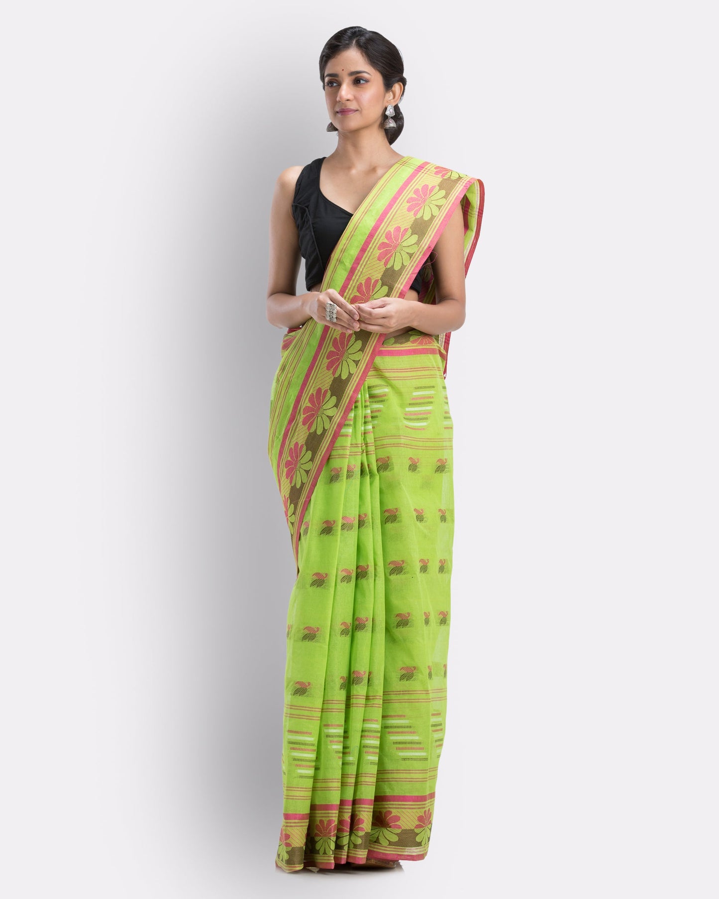 Women's Handwoven, Self Design Tant Cotton Saree (Green)
