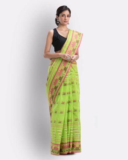 Women's Handwoven, Self Design Tant Cotton Saree (Green)