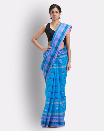 Women's Handwoven, Self Design Tant Cotton Saree (Blue)