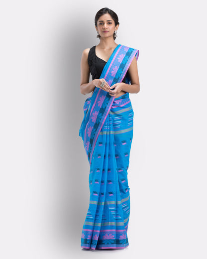 Women's Handwoven, Self Design Tant Cotton Saree (Blue)