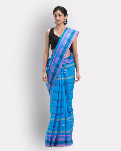 Women's Handwoven, Self Design Tant Cotton Saree (Blue)