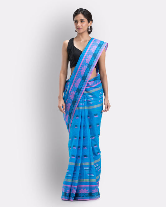Women's Handwoven, Self Design Tant Cotton Saree (Blue)