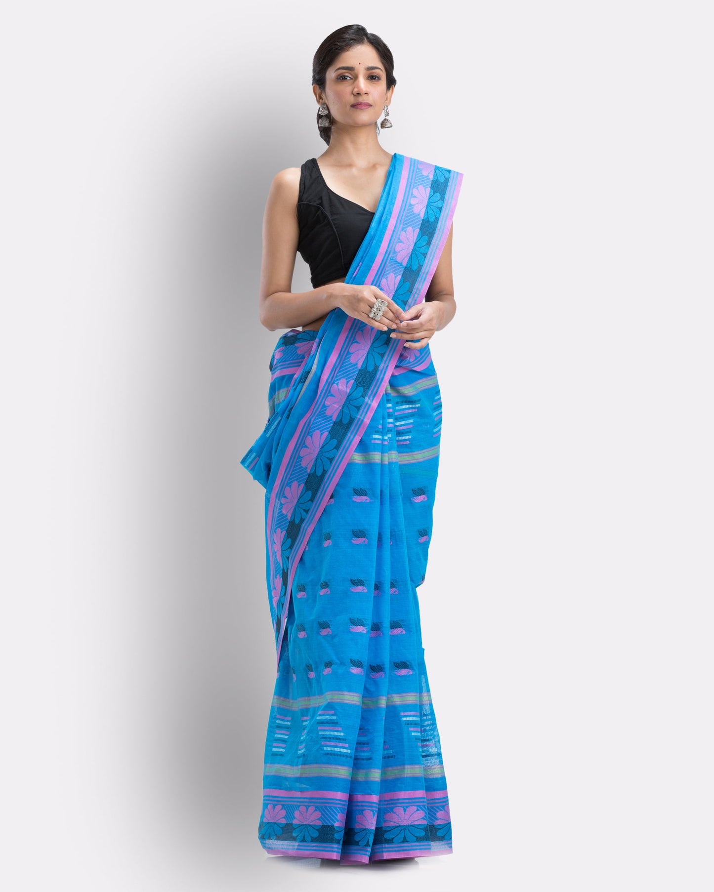 Women's Handwoven, Self Design Tant Cotton Saree (Blue)