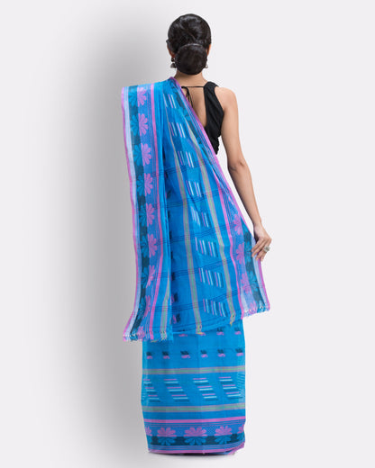 Women's Handwoven, Self Design Tant Cotton Saree (Blue)