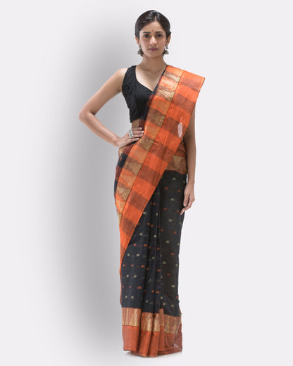 Women's Self Temple Design Tant Cotton Saree (Black)