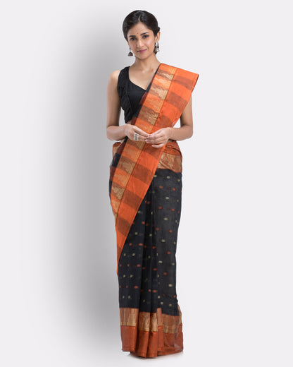 Women's Self Temple Design Tant Cotton Saree (Black)