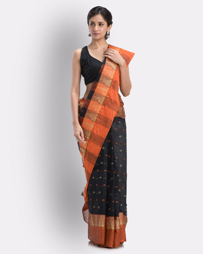 Women's Self Temple Design Tant Cotton Saree (Black)