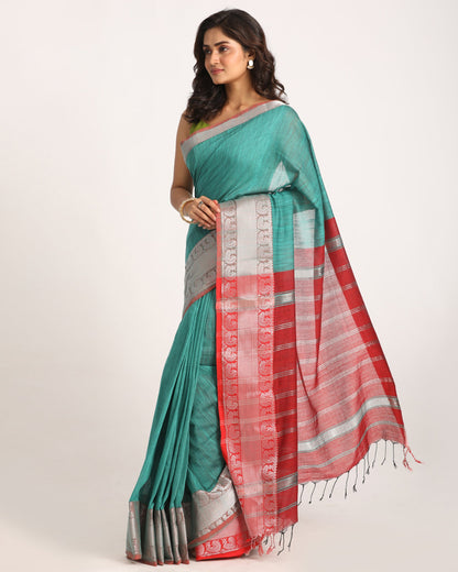 Women's Deep Teal Handloom Cotton Tangail Saree