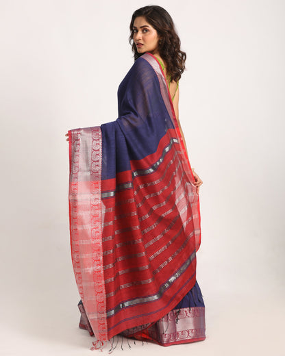 Women's Navy Blue Handloom Cotton Tangail Saree