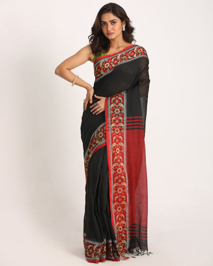 Women's Black Handloom Cotton Tangail Saree