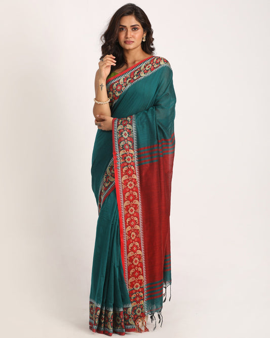 Women's Deep Teal Handloom Cotton Tangail Saree