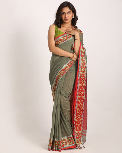 Women's Pastel Grey Handloom Cotton Tangail Saree