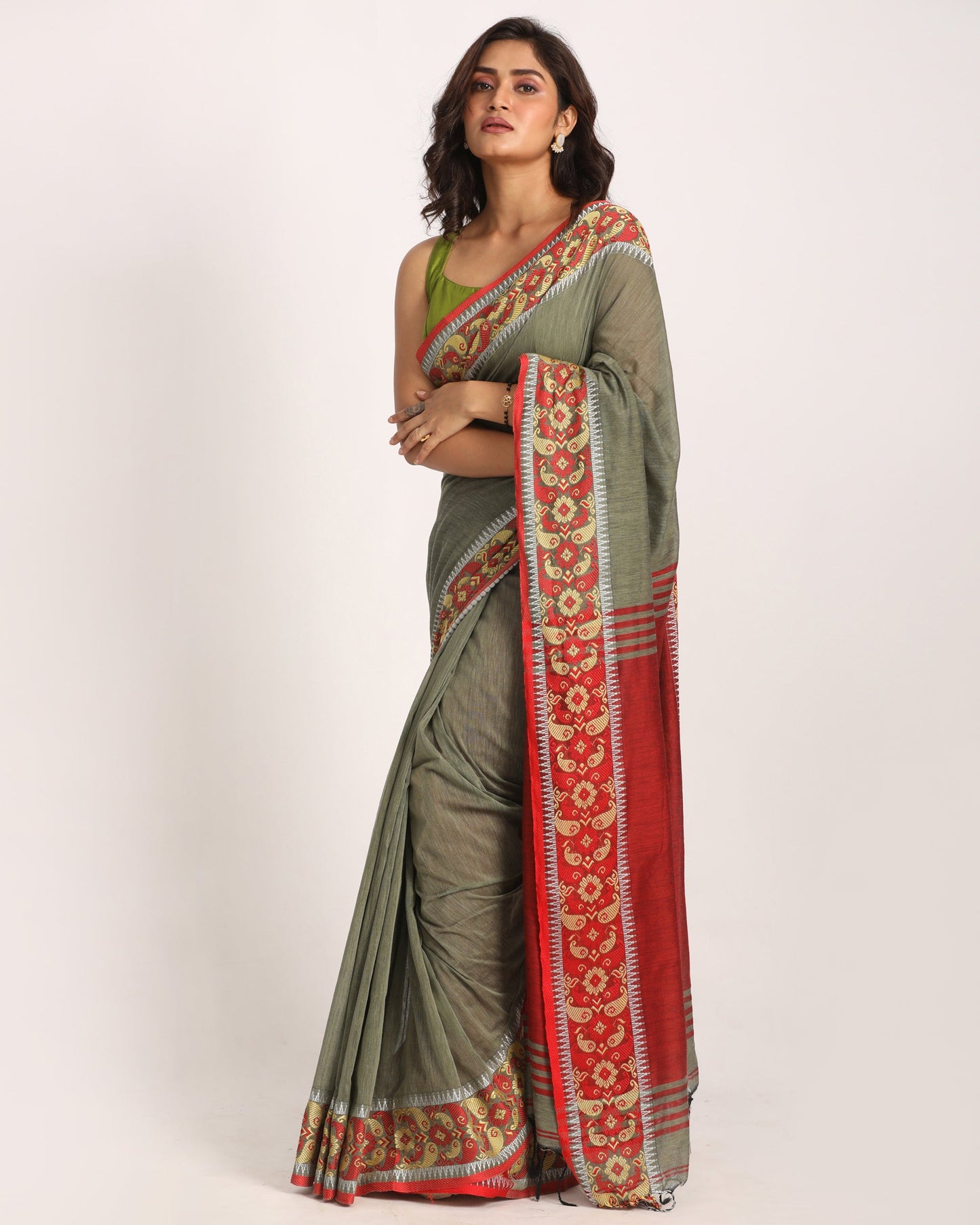 Women's Pastel Grey Handloom Cotton Tangail Saree