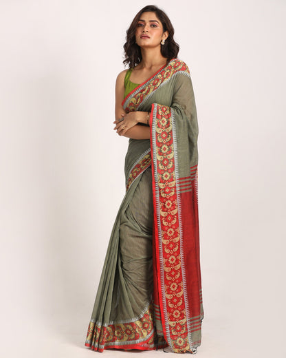 Women's Pastel Grey Handloom Cotton Tangail Saree