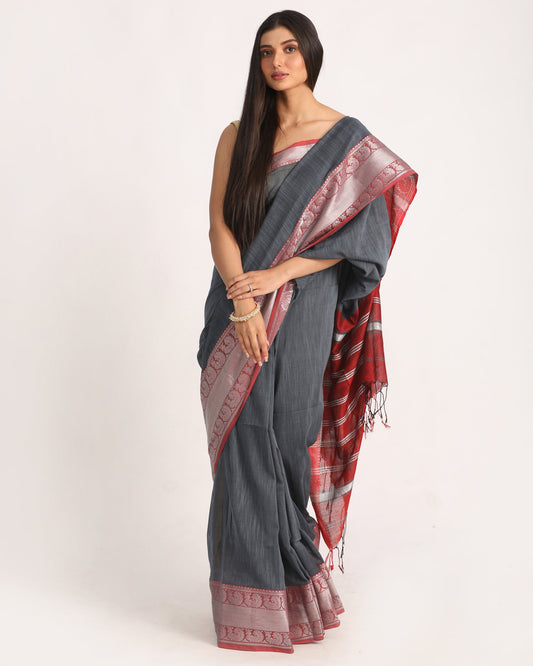 Women's Deep Grey Handloom Cotton Tangail Saree