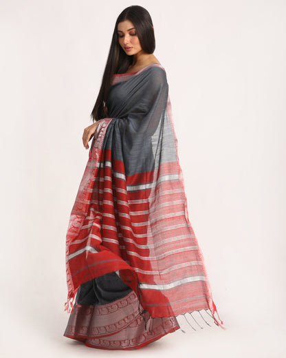 Women's Deep Grey Handloom Cotton Tangail Saree