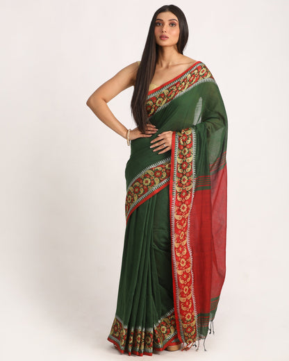 Women's Dark Green Handloom Cotton Tangail Saree