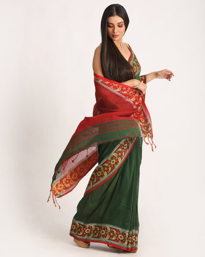 Women's Dark Green Handloom Cotton Tangail Saree