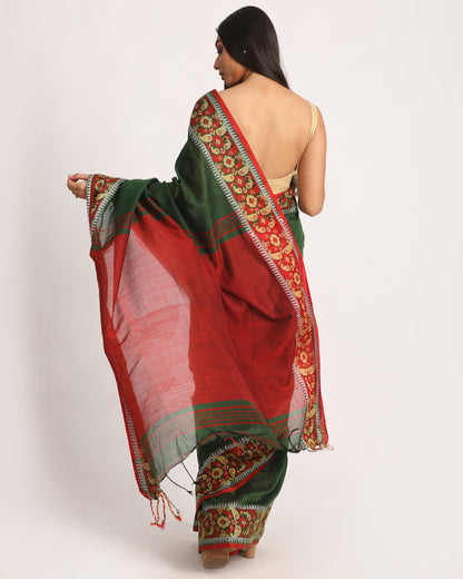 Women's Dark Green Handloom Cotton Tangail Saree
