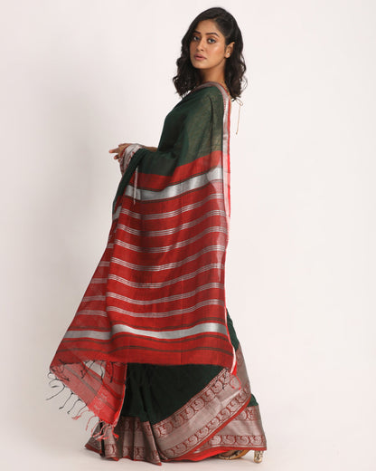 Women's Dark Green Handloom Cotton Tangail Saree