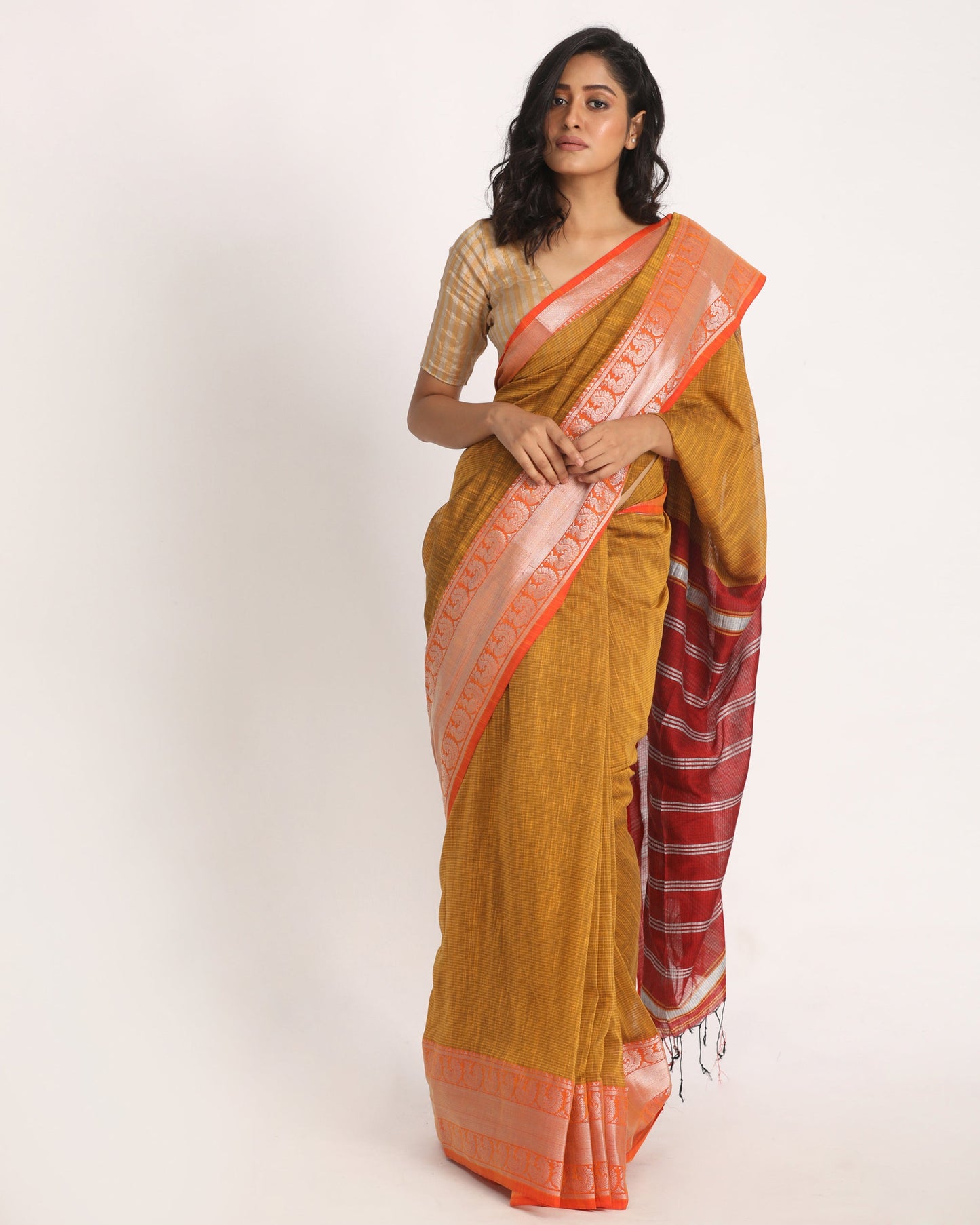 Women's Mustard Handloom Cotton Tangail Saree