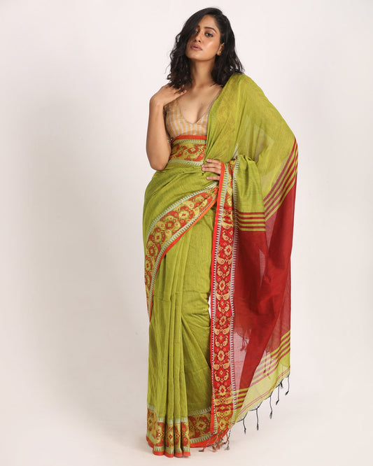 Women's Green Yellow Handloom Cotton Tangail Saree