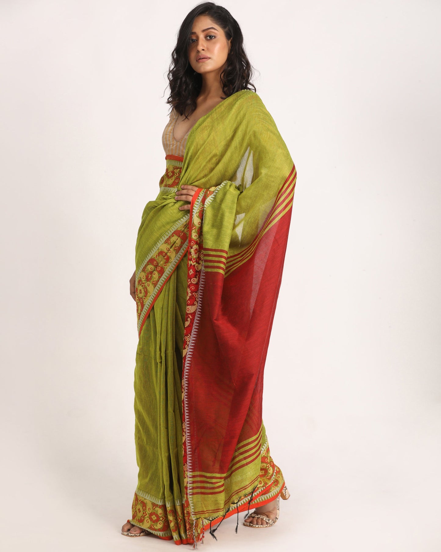 Women's Green Yellow Handloom Cotton Tangail Saree