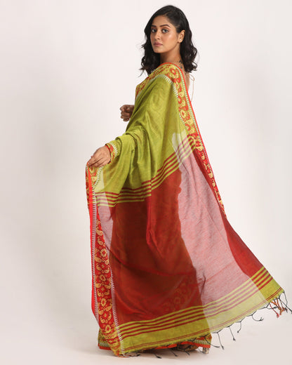 Women's Green Yellow Handloom Cotton Tangail Saree