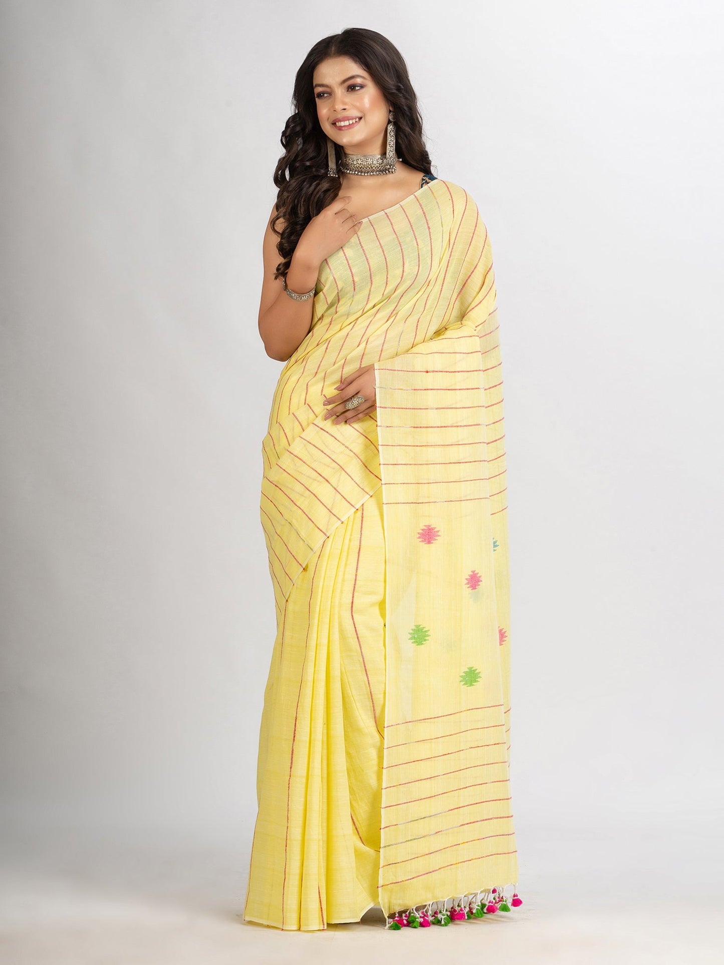 Women's Yellow Red Handwoven Cotton Jamdani handloom Saree
