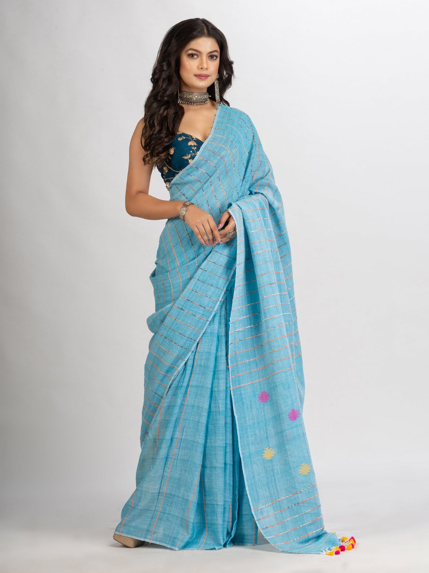 Women's Sky Blue Handwoven Cotton Jamdani handloom Saree
