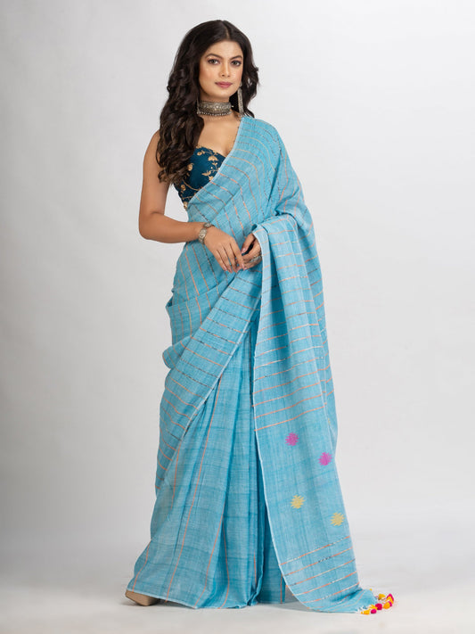 Women's Sky Blue Handwoven Cotton Jamdani handloom Saree