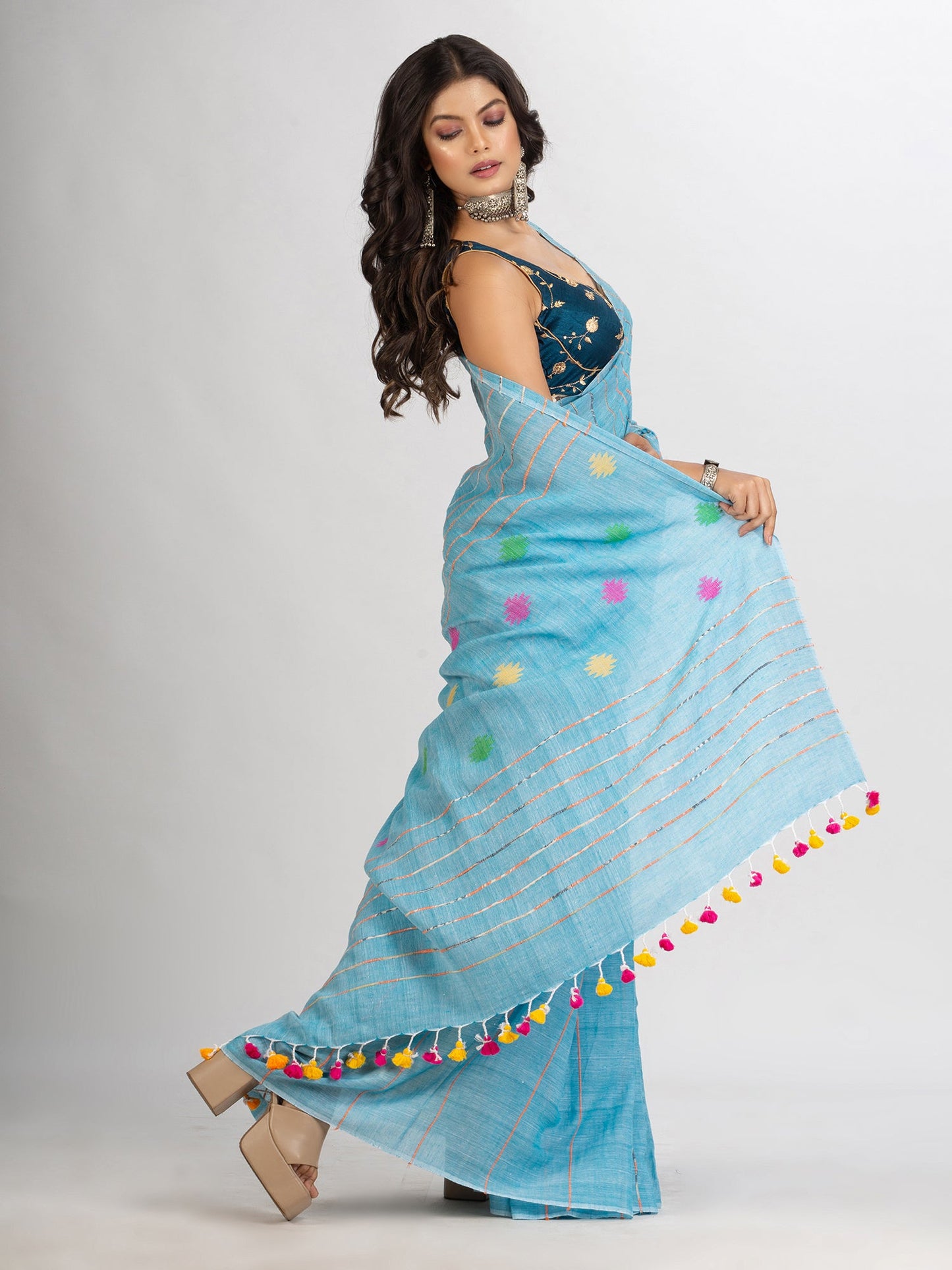Women's Sky Blue Handwoven Cotton Jamdani handloom Saree