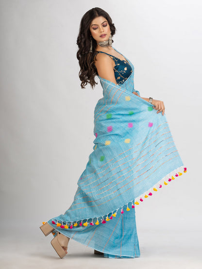 Women's Sky Blue Handwoven Cotton Jamdani handloom Saree