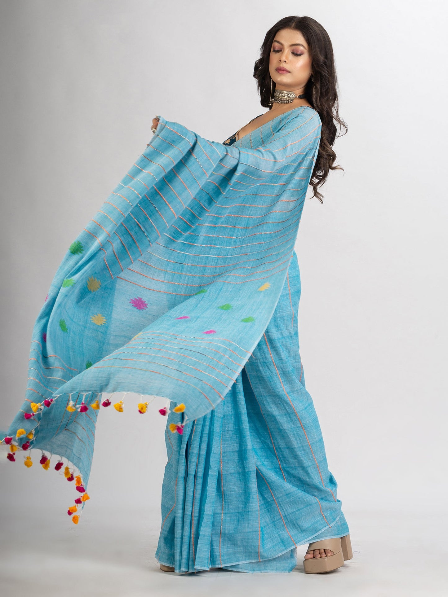 Women's Sky Blue Handwoven Cotton Jamdani handloom Saree