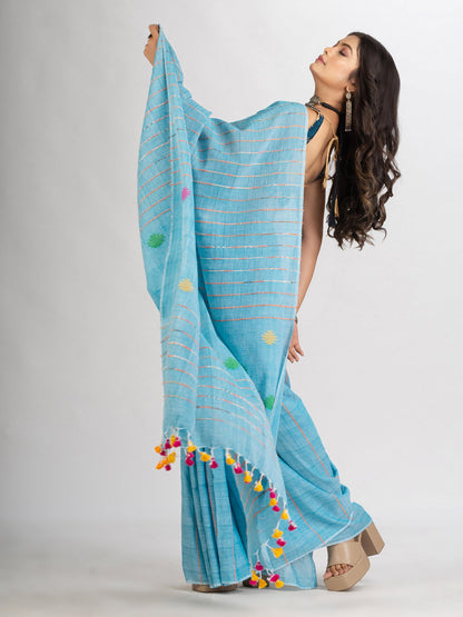 Women's Sky Blue Handwoven Cotton Jamdani handloom Saree