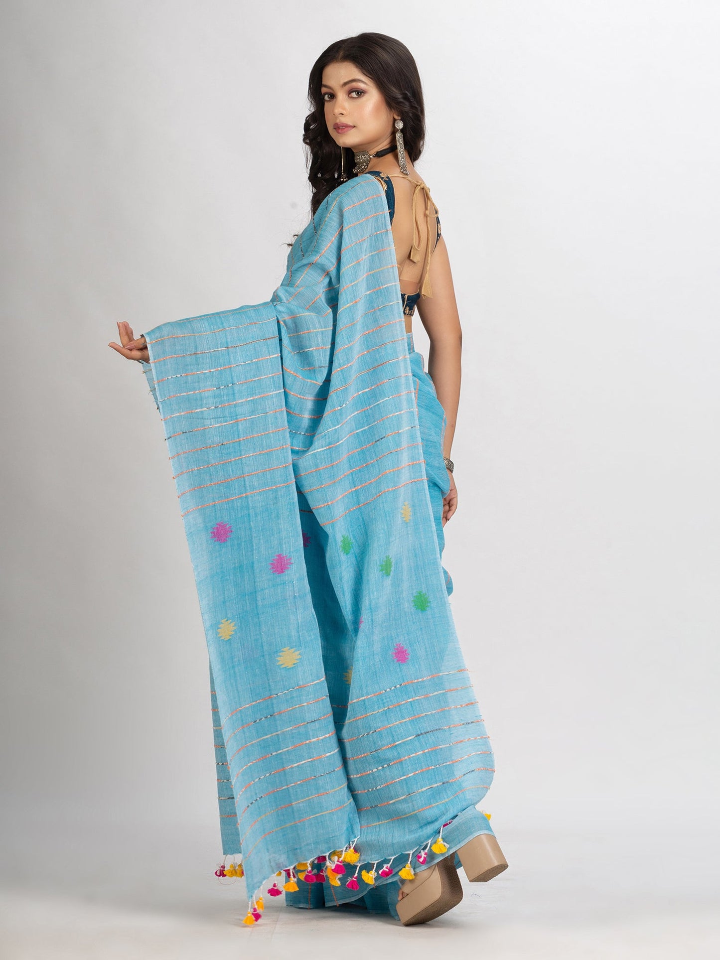 Women's Sky Blue Handwoven Cotton Jamdani handloom Saree